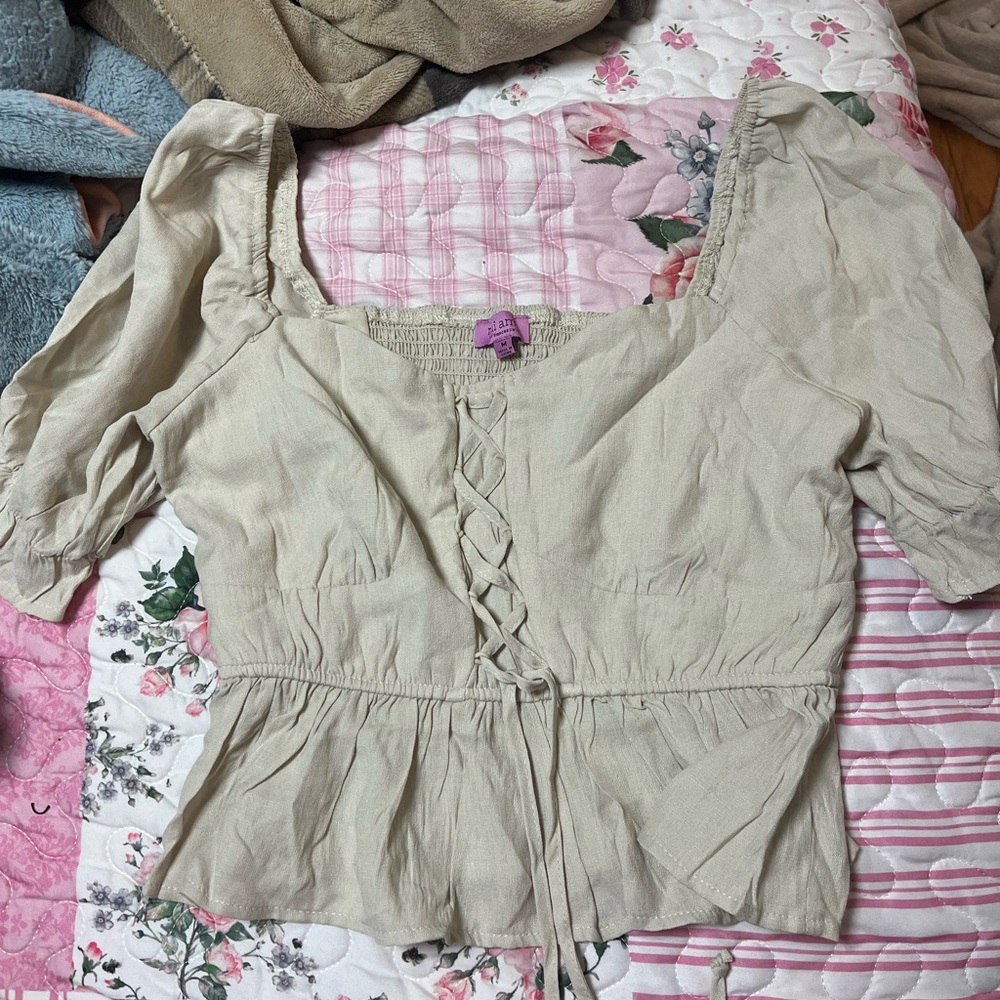 Francesca's Collections Lace-Up Peplum Blouse - Beige